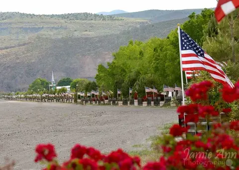 A long line of American flags displayed along a dusty road with hills in the background.