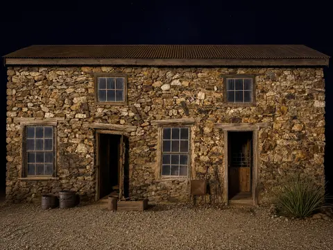 An old stone building at night with two doors and several windows.
