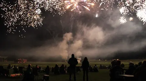People watch a fireworks display illuminating the night sky.