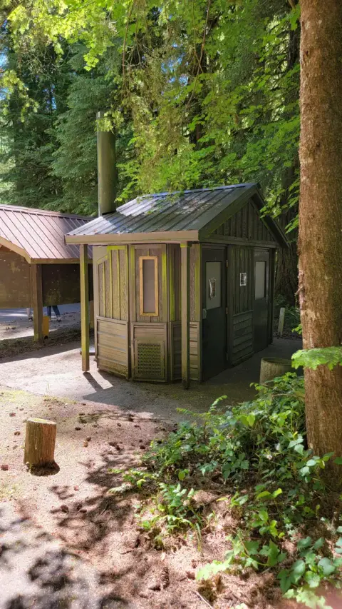 A small wooden restroom building sits surrounded by trees in a forest.