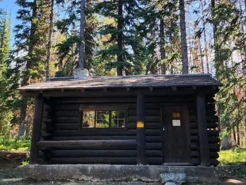 A dark wooden log cabin stands among tall evergreen trees in the forest.