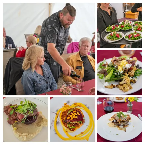 A collage showing people dining and various prepared dishes.