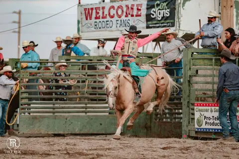 A cowboy rides a bucking horse at a rodeo in front of spectators.