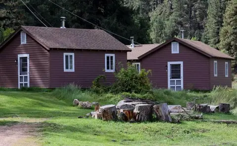 An exterior view of rustic brown cabins surrounded by trees and a grassy lawn with tree stumps.