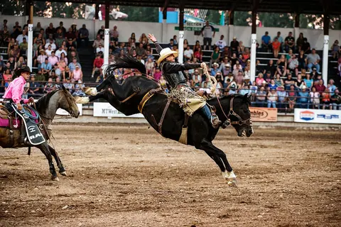 A cowboy rides a bucking horse at a rodeo event.