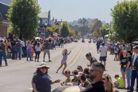 A large crowd gathers along a street during a parade.
