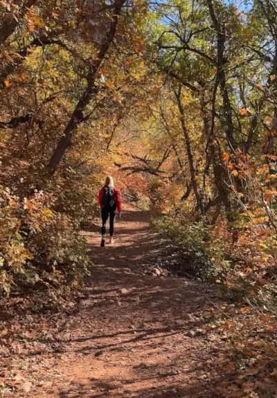 A person walks along a wooded trail surrounded by autumn foliage.