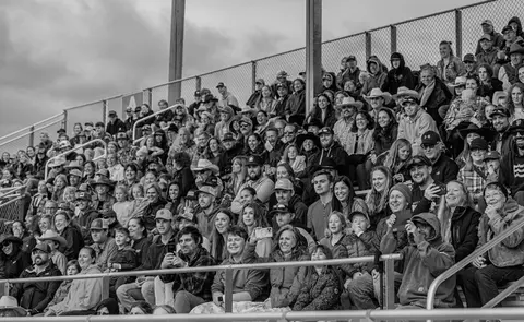 A large crowd of people fills bleachers at an outdoor event.