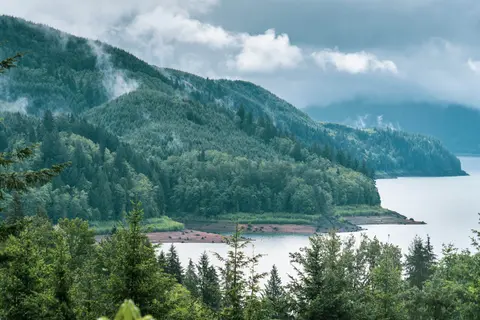 A forested mountain landscape alongside a body of water under a cloudy sky.