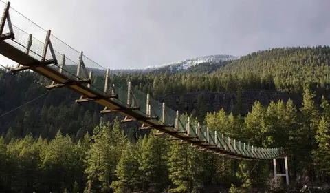 A wooden suspension bridge extends across a forested landscape with mountains in the background.
