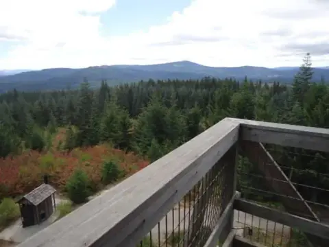 A view of forests and mountains from a wooden observation deck.