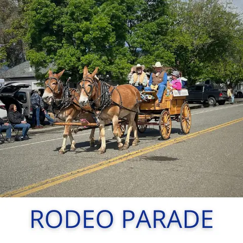 A horse-drawn wagon with people riding in a parade.