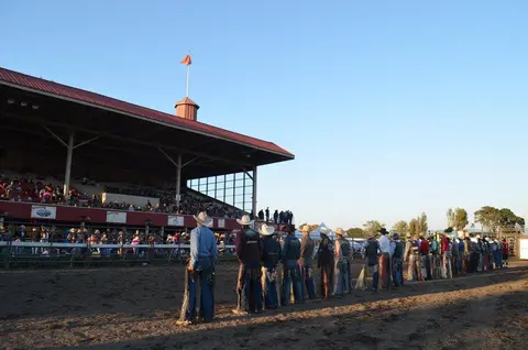 A line of cowboys stands in an arena watching an event.