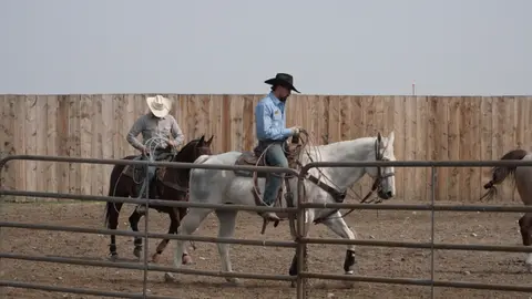 Two cowboys riding horses in an arena with a wooden fence.