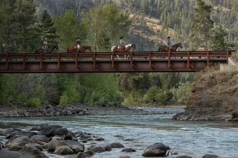 Four horseback riders cross a bridge over a river in a wooded landscape.