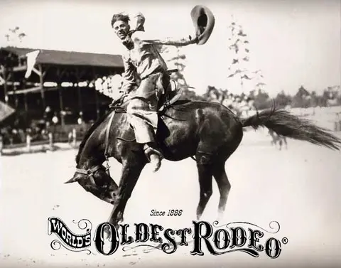 Black and white historic photo of a cowboy riding a bucking horse.