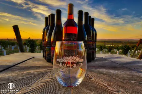 A wine glass and wine bottles are arranged on a wooden table outdoors at sunset.