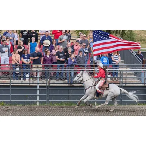 A rider on a white horse carries an American flag past a crowd in bleachers.