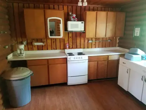 A rustic kitchen interior featuring wooden walls and cabinets.