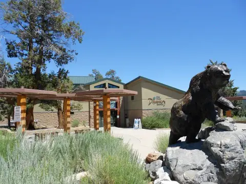 An outdoor view of a visitor center with a bronze bear statue in the foreground.