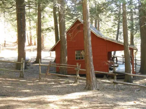 A red cabin stands among tall trees and a wooden fence.