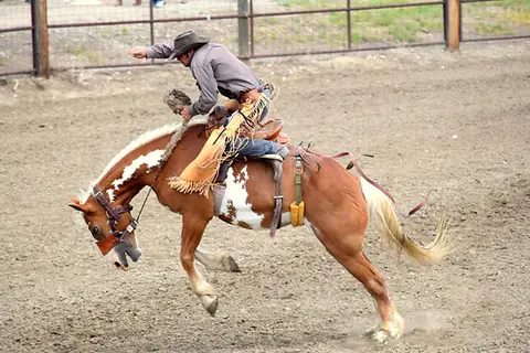 A cowboy rides a bucking horse in an arena.