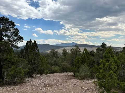 A view of a mountain range and wooded landscape beneath a cloudy sky.