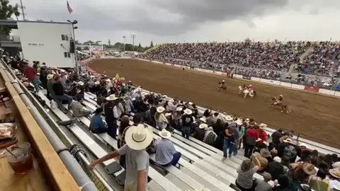 A large crowd watches an event in an outdoor arena with horses.