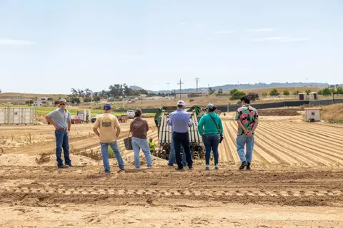A group of people watch farm equipment working in a field.