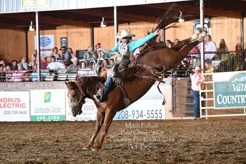 A cowboy rides a bucking horse in an arena while spectators watch.