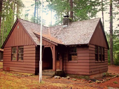 A brown wooden cabin sits among tall trees in a forest.