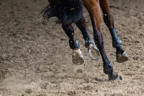 A close-up shot of a horse's legs kicking up dirt as it runs.