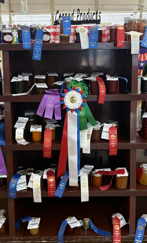 Shelves of canned goods display ribbons and awards.