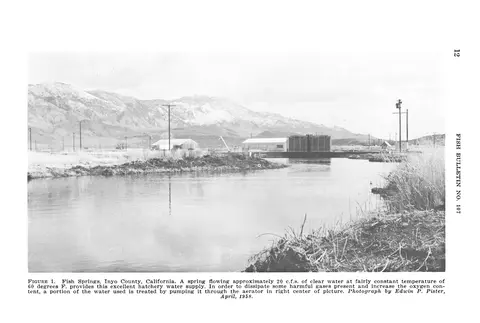 A historic photograph shows a hatchery water supply and landscape with mountains.