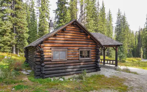 A log cabin nestled in a forest.