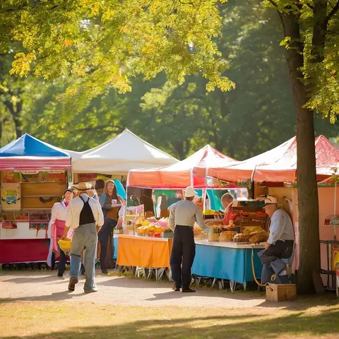A view of people walking through an outdoor market with tents and stalls.