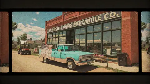 A vintage truck is parked in front of a brick mercantile building.