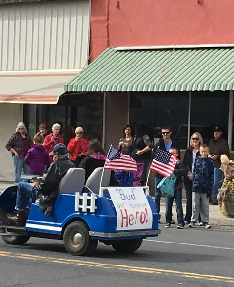 A person riding in a decorated small vehicle in a parade with spectators watching.
