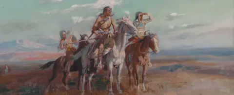A painting showing Native Americans on horseback in a landscape.
