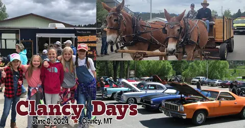 A composite image showing children, a team of mules pulling a wagon, and classic cars at an outdoor event.