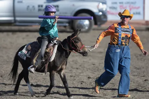 A child wearing a helmet rides a donkey while holding a foam noodle, led by a rodeo clown.
