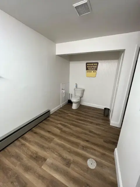 An interior view of a bathroom with wood-look flooring and a toilet.