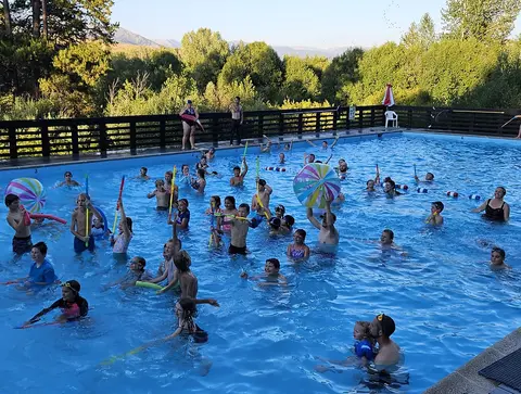 A large group of people swimming and playing in an outdoor pool.