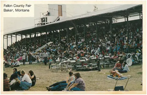 A large crowd gathered in the grandstand and on the lawn at a fair.