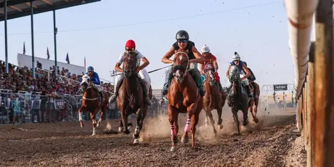 Several jockeys race horses down a dirt track past a grandstand filled with spectators.