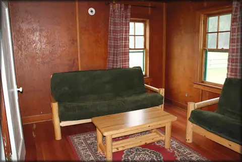 A rustic room features a green futon, wooden coffee table, and wood-paneled walls.