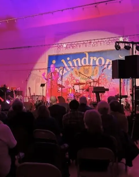 A performer sings on a stage before an audience seated indoors.