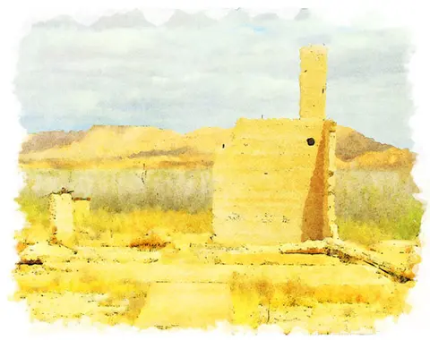 A watercolor-style photo of old stone ruins in a dry landscape.