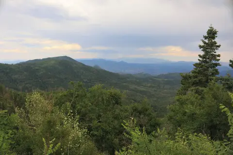 A scenic view of rolling green hills, forests, and distant mountains under a cloudy sky.