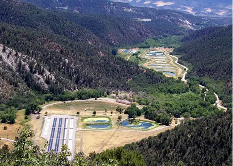 Aerial view of a fish hatchery nestled in a mountain valley.